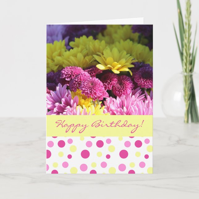 Floral Birthday, Pink & Yellow Daisies, Polka Dots Card (Front)