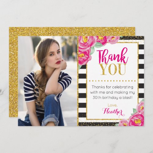 Floral Birthday Thank You Card  Black and White