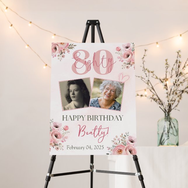 Floral Birthday Welcome Sign, 80th Birthday Poster (In Situ (Stand))