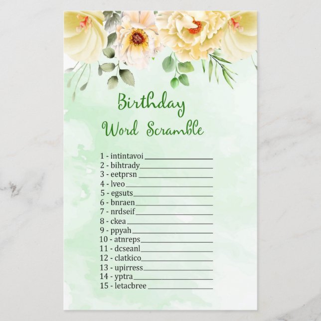 Floral Birthday Word Scramble Game (Front)