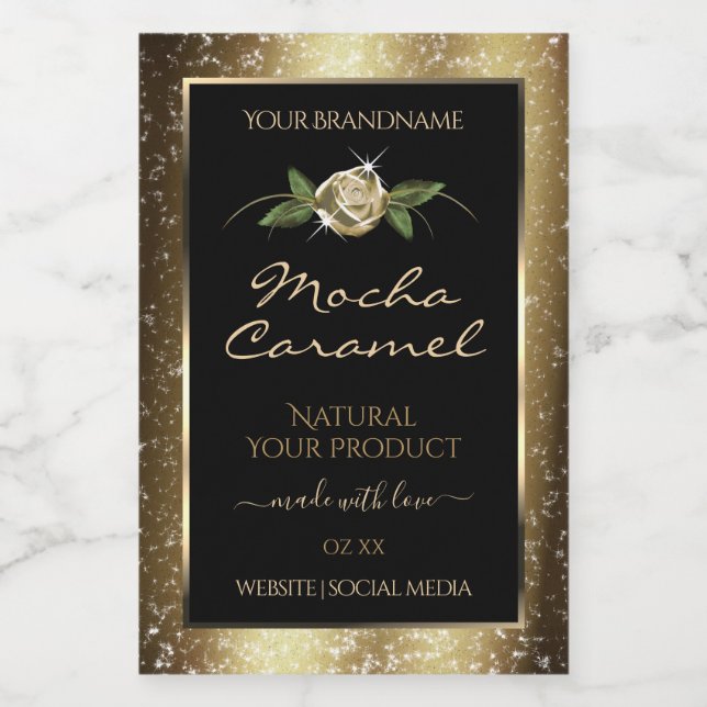 Floral Black and Gold Brown Glitter Product Labels (Single Label)