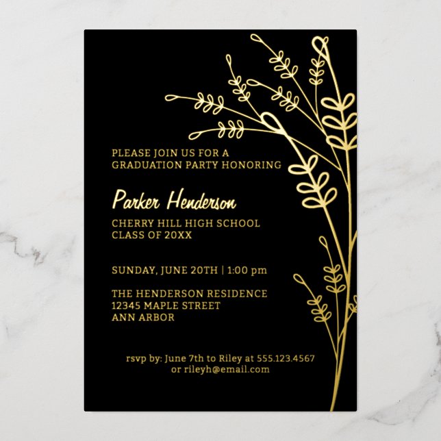 Floral Black and Gold Modern Graduation Party Foil Invitation (Front)