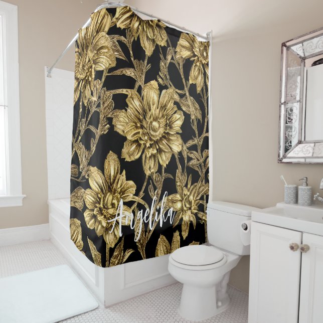 Floral Black and Gold Personalized Name Shower Curtain (In Situ)