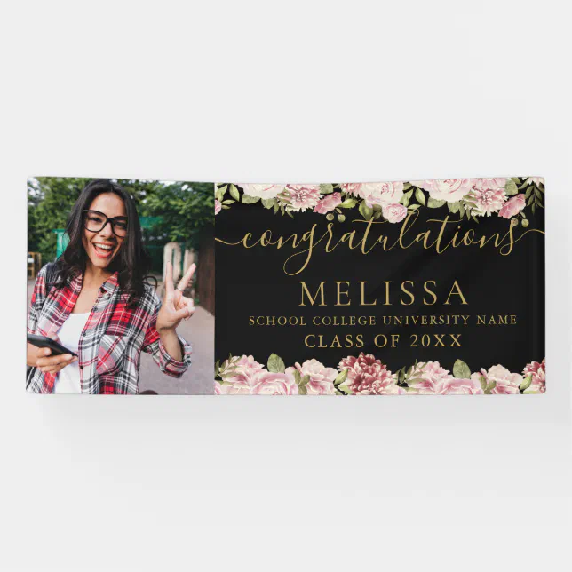 Floral Black And Gold Script Photo Graduation Banner | Zazzle