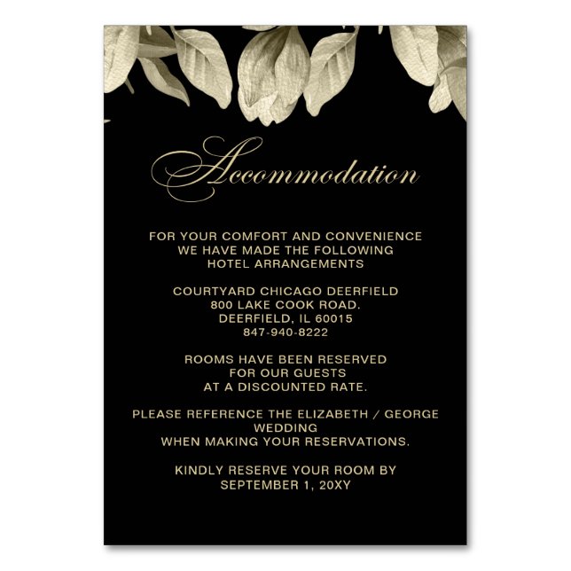 Floral Black and Gold wedding accommodation cards (Front)