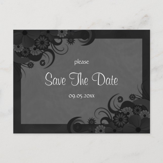 Floral Black and Gray Goth Save The Date Postcards (Front)