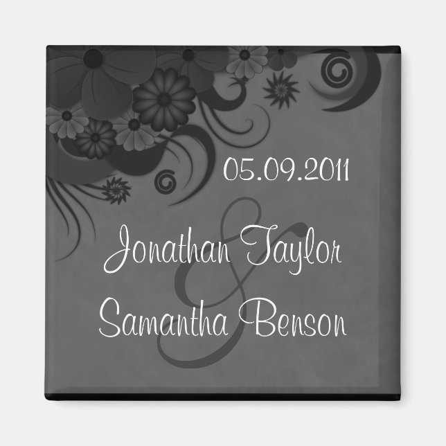 Floral Black and Gray Save The Date Fridge Magnets (Front)