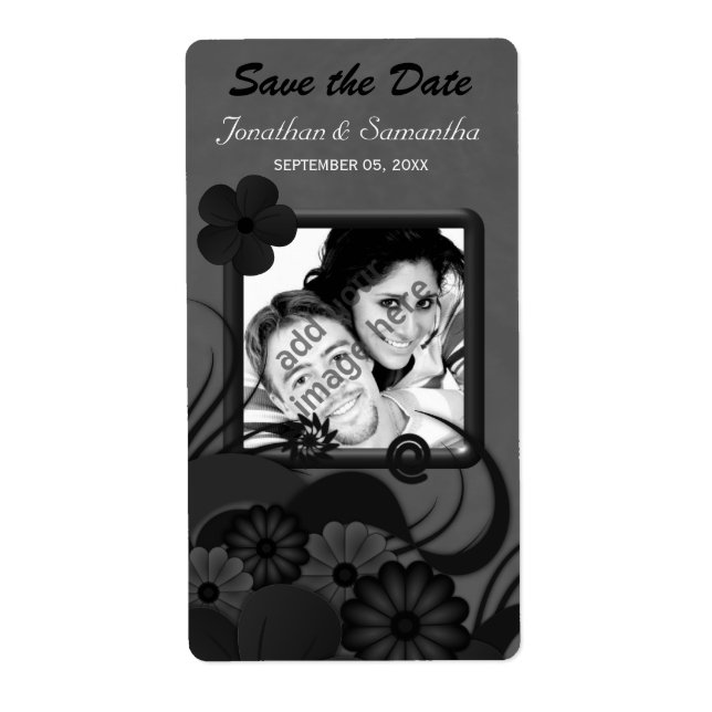 Floral Black and Gray Save The Date Wine Labels (Front)