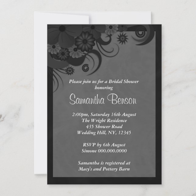 Floral Black and Gray Wedding Bridal Shower Invite (Front)