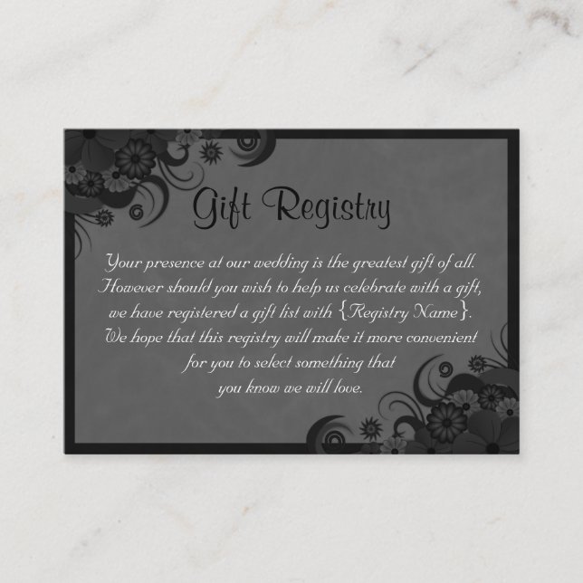 Floral Black and Gray Wedding Gift Registry Enclosure Card (Front)