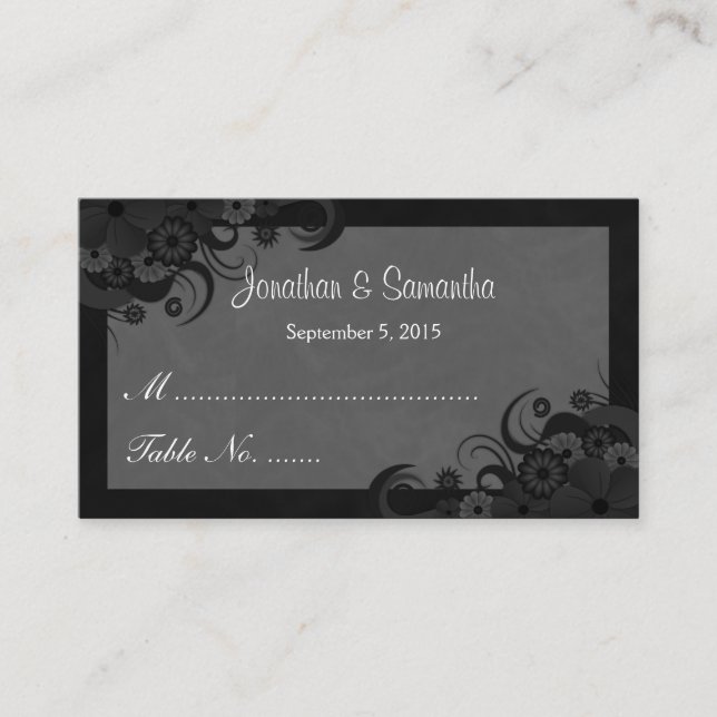 Floral Black and Gray Wedding Table Place Cards (Front)