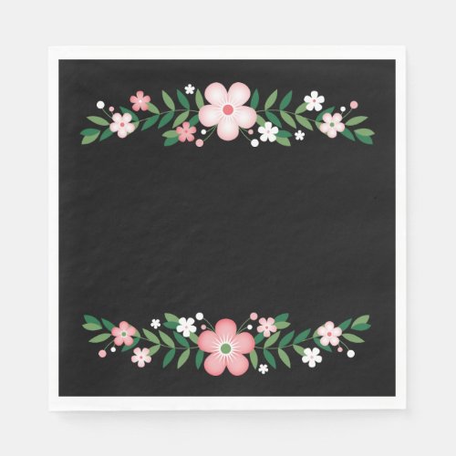 Floral Black And  Pink Flowers Wedding Party Paper Napkins