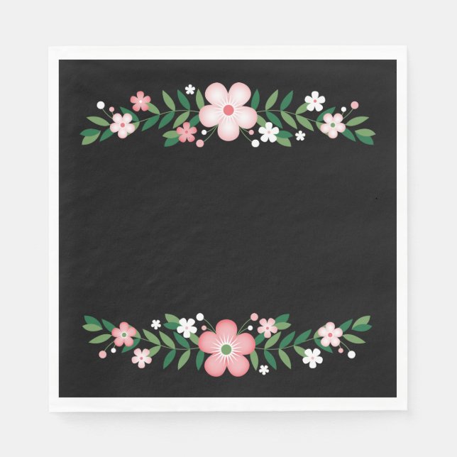 Floral Black And  Pink Flowers Wedding Party Paper Napkins (Front)
