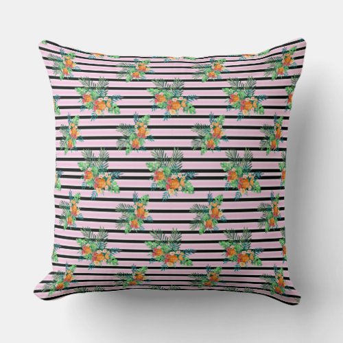 Floral Black and Pink Stripes Throw Pillow