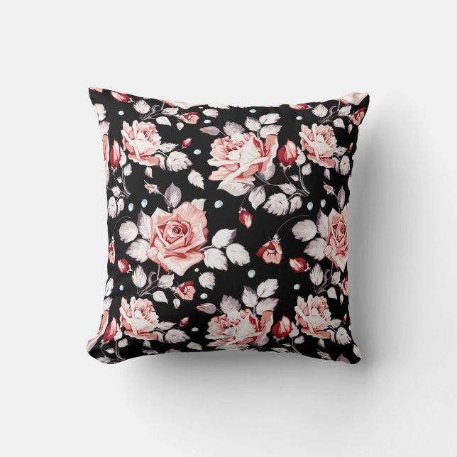 Floral Black and Pink Throw Pillow (Front)
