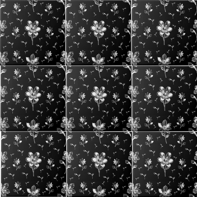 Floral Black And Silver Flower Pattern Bathroom Ceramic Tile (Splashback )