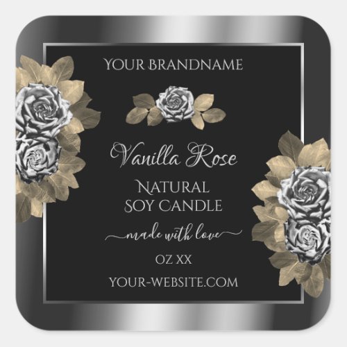 Floral Black and Silver Product Labels Leafy Roses