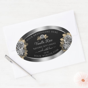 Floral Black and Silver Product Labels Leafy Roses