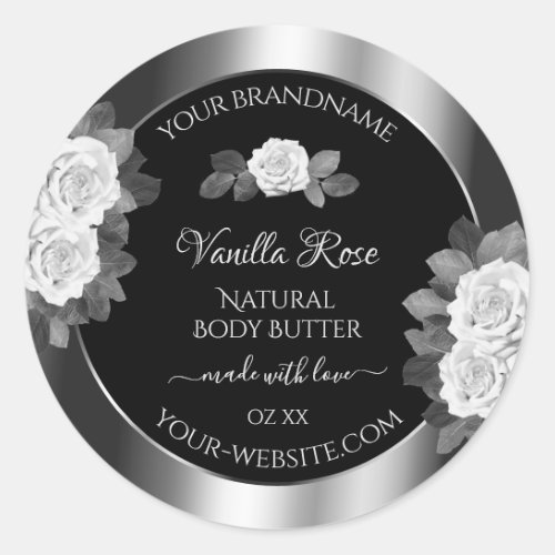Floral Black and Silver Product Labels White Roses