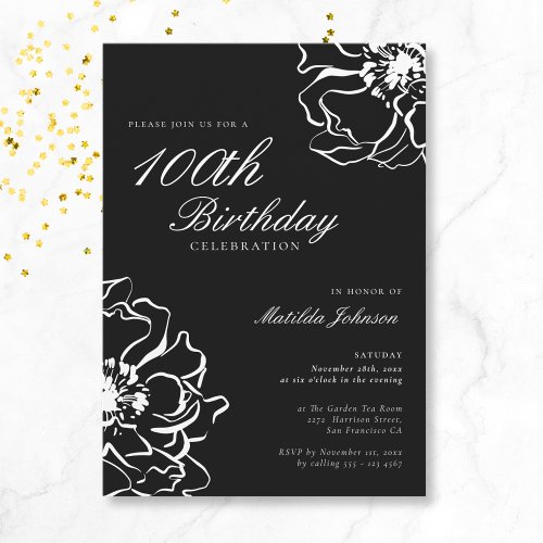 Floral Black and White 100th Birthday Invitation