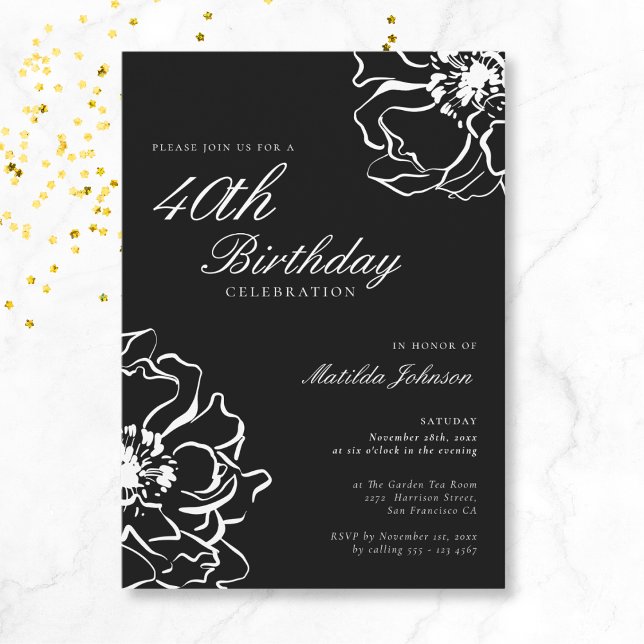Floral Black and White 40th birthday Invitation (Mockup View)