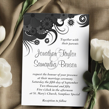 Floral Black And White 5" X 7" Wedding Invitations