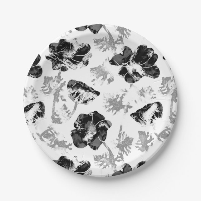 Floral, black and white , black, white, flowers, a paper plates (Front)