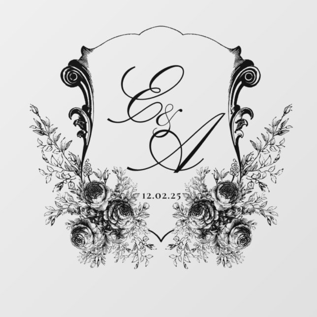 Floral Black and White Custom Monogram Crest  Floor Decals (Front)