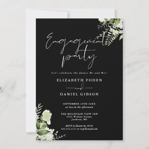 Floral Black And White Engagement Party Invitation