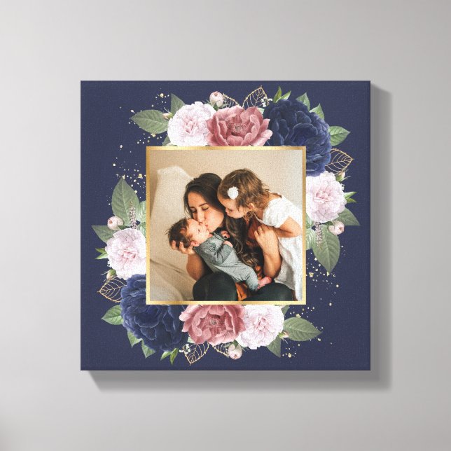 Floral Black and White Family Photo On Canvas Print (Front)