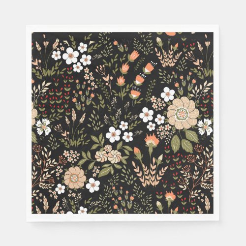 Floral Black And White Flowers Botanical Wedding Napkins