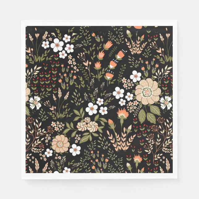 Floral Black And White Flowers Botanical Wedding Napkins (Front)
