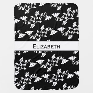 Floral Black and White Flowers Name Baby Blanket