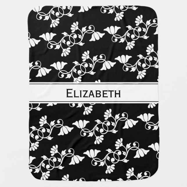 Floral Black and White Flowers Name Baby Blanket (Front)