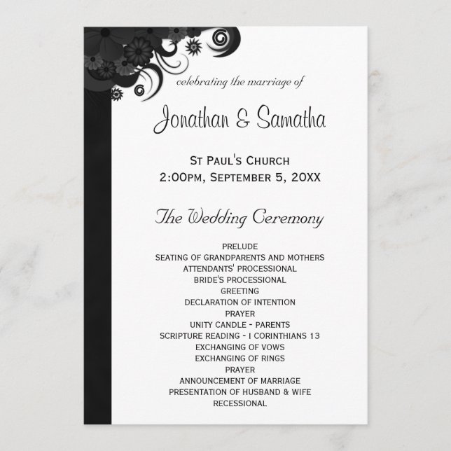 Floral Black and White Gothic Wedding Programs (Front)