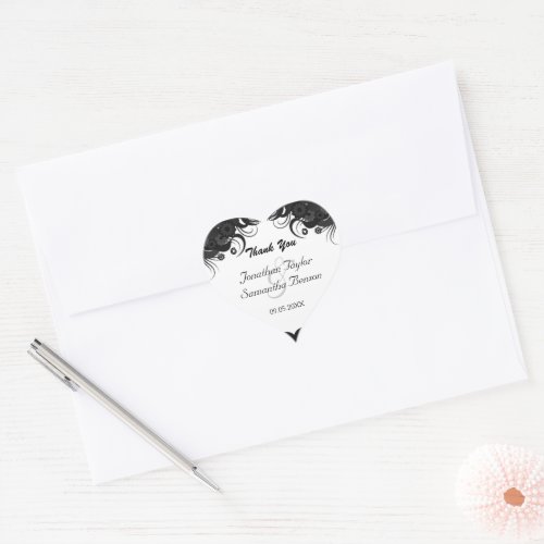 Floral Black and White Heart Wedding Favor Sticker