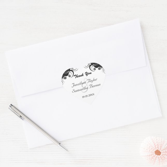 Floral Black and White Heart Wedding Favor Sticker (Envelope)