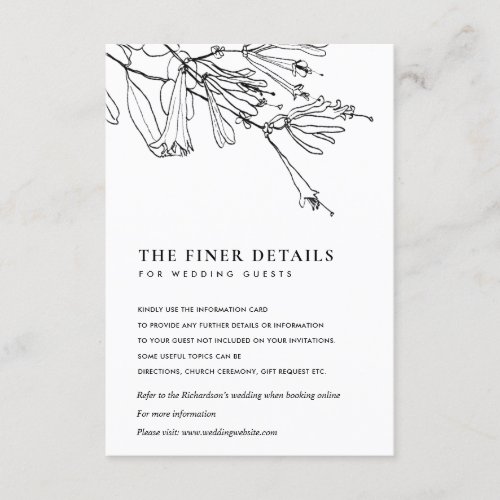 FLORAL BLACK AND WHITE LINE DRAWING WEDDING DETAIL ENCLOSURE CARD