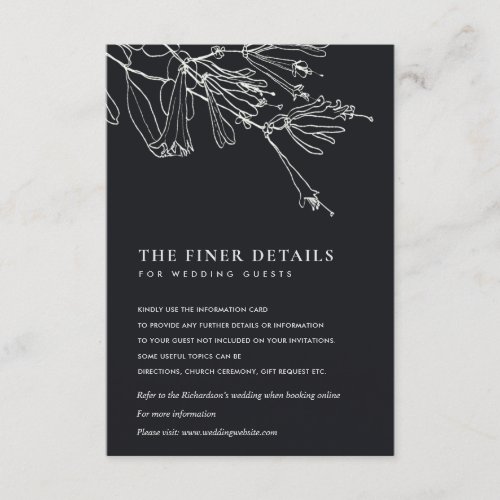 FLORAL BLACK AND WHITE LINE DRAWING WEDDING DETAIL ENCLOSURE CARD
