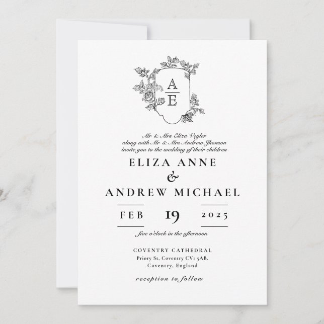 Floral Black and White Monogram Crest Wedding Invitation (Front)