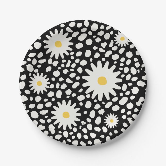 Floral Black and White Pattern Paper Plates (Front)