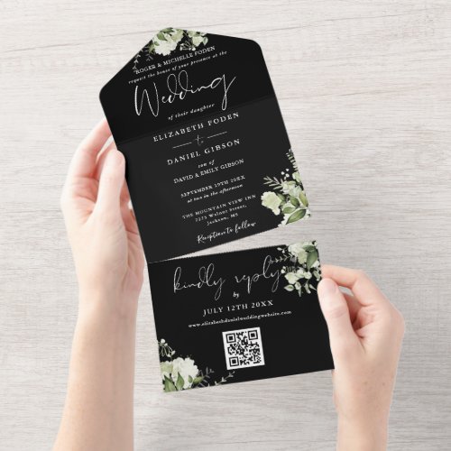 Floral Black And White QR Code Formal Wedding All In One Invitation