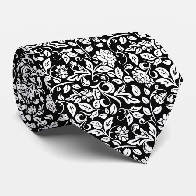 Floral Black and White Rose Vine Pattern Neck Tie (Rolled)