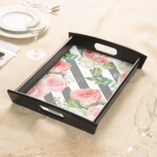 Floral black and white  serving tray
