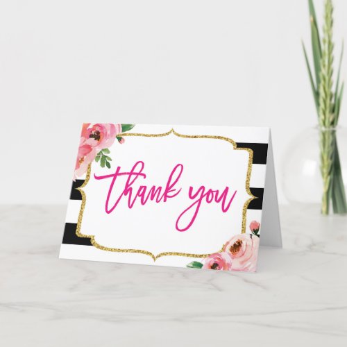 Floral Black and White Striped Thank you Cards
