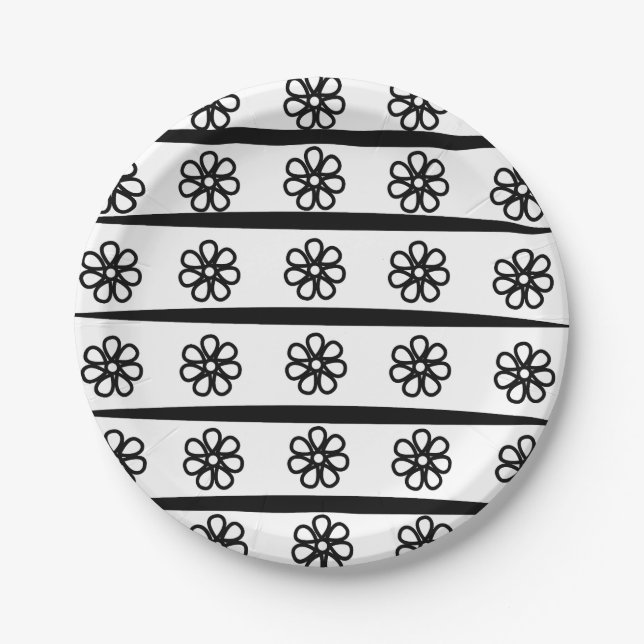 Floral Black and White Stripes Floral Paper Plates (Front)