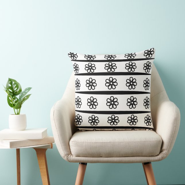 Floral Black and White Stripes Floral  Throw Pillow (Chair)