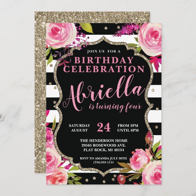 Floral Black and White Stripes Invitation (Front/Back)