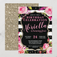 Floral Black and White Stripes Invitation