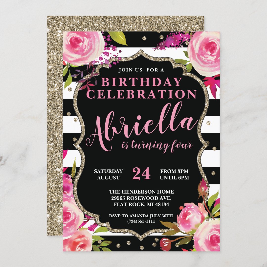 Floral Black and White Stripes Invitation | Zazzle